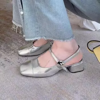 Модные новые женские босоножки Туфли Мэри Джейн Женские кожаные туфли на каблуках с квадратным носком Весна-лето Босоножки на низком каблуке Роскошные босоножки с открытой пяткой 35 бежевый