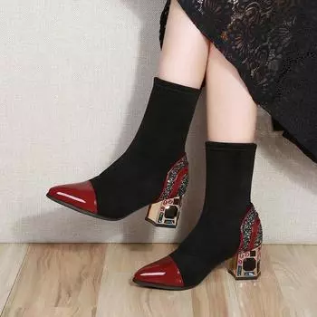 Модные новые женские ботильоны на толстом высоком каблуке, женские остроносые теплые элегантные белые черные короткие ботинки высокого качества 35 вино красного