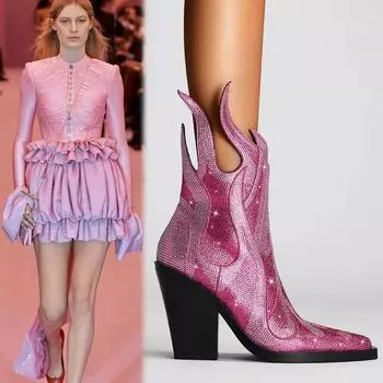 Модные новые женские ботильоны с боковой молнией для выступлений на сцене, сексуальные квадратные сапоги с толстым каблуком, модные сапоги большого размера с принтом «вода и бриллианты» 35 зелёный