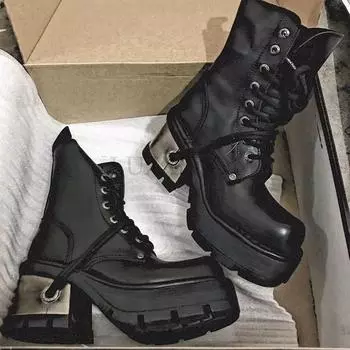 Модные новые женские ботинки Heavy Metal Platform и высокие ботинки для женщин Punk Leather Goth Dark Biker Boots 35 чёрный