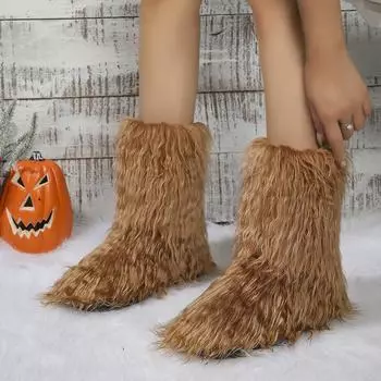 Модные новые женские ботинки с круглым носком, плоские туфли для женщин, без застежек, зимние ботинки до середины голени, модные уличные ботинки на платформе, утолщенная женская обувь 36 коричневый