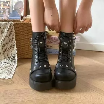 Модные новые женские готические ботильоны на платформе, модные панк-танкетки с пряжкой, молнией, заклепками, высокие каблуки, женские ботинки для вечеринок и улиц 35 чёрный