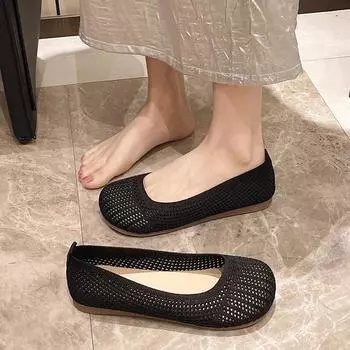 Модные новые женские летние туфли на плоской подошве, повседневные туфли, женские вязаные туфли на босу ногу, сандалии с вырезами, летние мокасины 35 чёрный