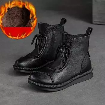 Модные новые женские осенне-зимние мягкие плоские короткие ботинки из воловьей кожи, удобные мягкие ботильоны из сплошного цвета в стиле ретро для женщин, кожаные туфли 35