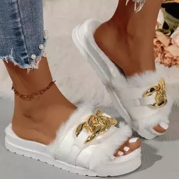 модные новые женские плюшевые тапочки модные открытые носки однотонные женские сандалии металлическая цепочка повседневная женская обувь модная обувь 35 белый