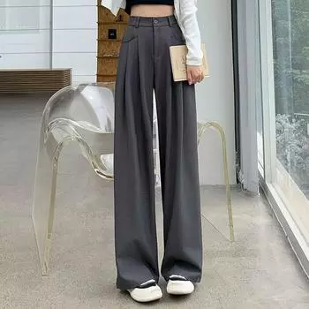 Модные новые женские прямые широкие брюки с высокой талией, простые офисные женские однотонные повседневные брюки, свободные элегантные облегающие женские брюки с карманами 25625 XS чёрный