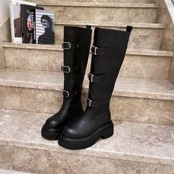 Модные новые женские сапоги до колена, зимние однотонные сапоги 2024 года, высококачественные модные дизайнерские туфли на среднем каблуке для женщин на открытом воздухе, Botas Mujer 35 чёрный