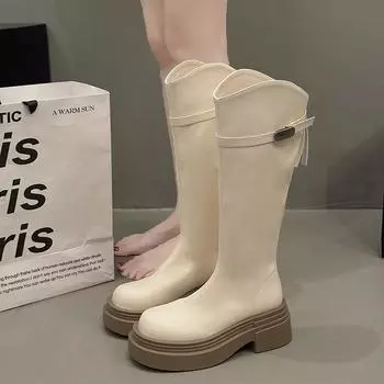 Модные новые женские сапоги, износостойкие, 2024, горячая распродажа, осень-зима, молния сзади, круглая головка, платформа, каблук, женские сапоги для улицы 35 бежевый