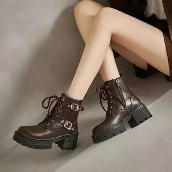 Модные новые женские сапоги на плюшевом блочном каблуке 6,5 см на платформе с молнией на шнуровке с пряжками на ремне большого размера 43 в стиле ретро до щиколотки 35 чёрный