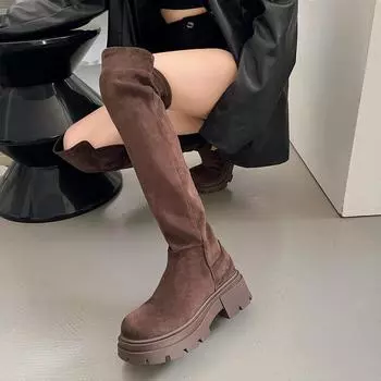 Модные новые женские сапоги с круглым носком, на среднем каблуке, для женщин, на платформе, современные сапоги, уличные однотонные сапоги выше колена для женщин 35 коричневый