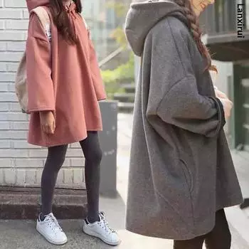 Модные новые женские свободные толстовки в стиле Харадзюку, женские длинные однотонные топы с капюшоном, женские корейские женские пуловеры для студентов M чёрный