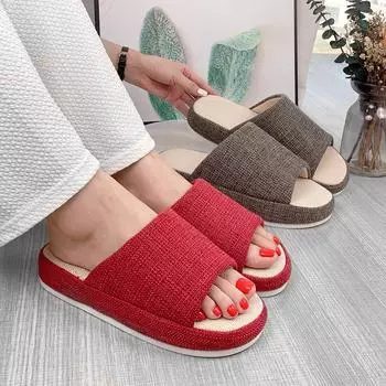 Модные новые женские тапочки из хлопка и льна на толстой подошве 35 красный