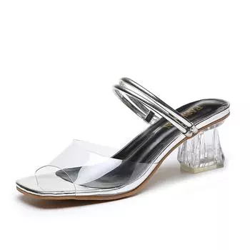 Модные новые женские тапочки, летние женские пляжные тапочки с прозрачным каблуком, прозрачные сандалии из ПВХ, квадратные шлепанцы 2024 yuj7 10 серебряный