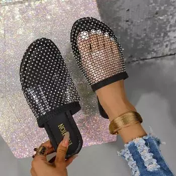 Модные новые женские тапочки, новые сексуальные сетчатые роскошные сандалии, домашние тапочки с квадратным носком, женские плоские тапочки, уличные сабо, пляжные шлепанцы для женщин 35 чёрный