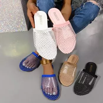 Модные новые женские тапочки, новые сексуальные сетчатые роскошные сандалии, домашние тапочки с квадратным носком, женские плоские тапочки, уличные сабо, пляжные шлепанцы для женщин 35 золотой