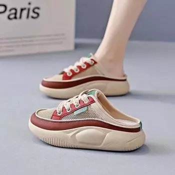 Модные новые женские туфли 2024 года, модные сетчатые дышащие женские тапочки, подходящие по цвету, со шнуровкой на носке и средним каблуком, женские тапочки 35 синий