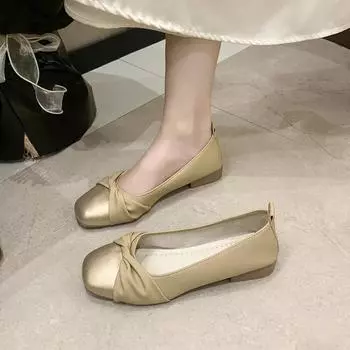Модные новые женские туфли 2024 года, высококачественные женские туфли на плоской подошве, модные женские туфли на низком каблуке с квадратным носком и неглубоким воротом 35 бежевый