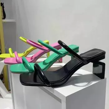 Модные новые женские туфли большого размера, туфли на тонком квадратном каблуке для женщин, модные сексуальные тапочки с квадратным носком Zapatos Mujer 2024 36 флуоресцентный зеленый