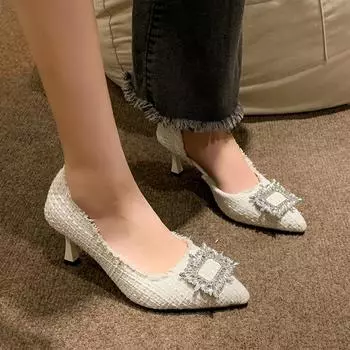 модные новые женские туфли-лодочки из флока милые толстые высокие каблуки женские сексуальные офисные туфли с острым носком платье рабочие туфли симпатичные туфли обувь рабочая обувь туфли-лодочки 34 бежевый