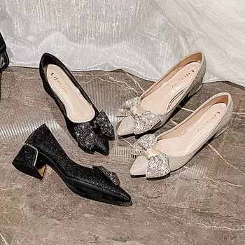 Модные новые женские туфли-лодочки с острым носком, весенние красивые повседневные туфли на высоком каблуке с бантом, блестящие туфли со стразами 35-43 35 хаки