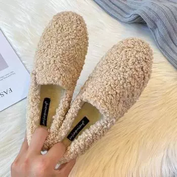 Модные новые женские туфли на плоской подошве с мехом, осенние, сохраняющие тепло, плюшевые, неглубокие, повседневные туфли для женщин, мокасины, женская обувь для ходьбы на открытом воздухе 35 чёрный