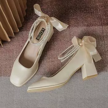 Модные новые женские туфли на высоком каблуке с элегантным бантом и квадратным носком, черные туфли на высоком каблуке, модные туфли на толстом каблуке для свадебной вечеринки с жемчужным кружевом 34 абрикосовый