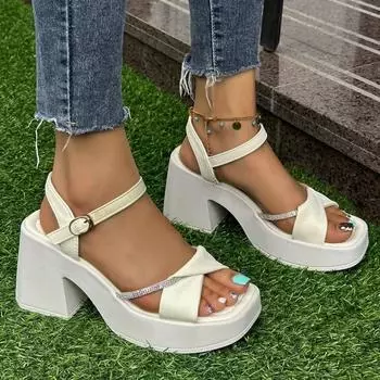 Модные новые женские туфли с высоким каблуком «рыбий рот», квадратный носок, открытый носок, толстый каблук в стиле феи, элегантная водонепроницаемая нескользящая женская обувь 35 бежевый