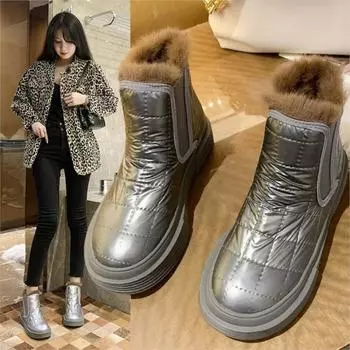Модные новые зимние ботинки 2024 года, женские ботильоны на плоской подошве, нейлоновые, меховые, с круглым носком, теплые, плюшевые, нескользящие ботинки 35 серый