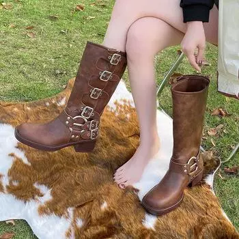 модные новые зимние джинсовые сапоги женские ретро коричневые с пряжкой на ремне с круглым носком высокие сапоги длиной до колена 35 чёрный