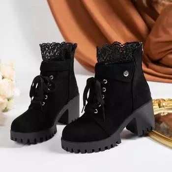 Модные новые зимние хлопковые сапоги на толстом каблуке, женские, с круглым носком, с ремешком спереди, толстая подошва, нескользящие, износостойкие, удобные, короткие сапоги 36 чёрный