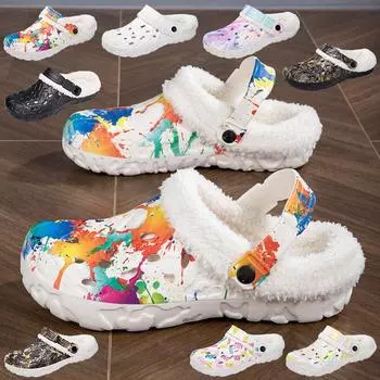 Модные новые зимние летние съемные сабо женские мужские меховые тапочки водонепроницаемые теплые плюшевые бытовые домашние туфли для дома нескользящая пара 35-36