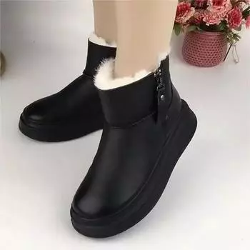 Модные новые зимние мягкие кожаные теплые плюшевые зимние ботинки женские с круглым носком и двойной молнией противоскользящие толстые подошвы хлопковые ботинки до щиколотки 35 чёрный