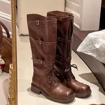 Модные новые зимние пряжки, модные уличные сапоги для верховой езды, крутые толстые каблуки, высокие сапоги для мотоциклистов, обувь для женщин 35 коричневый