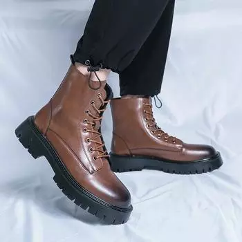 Модные новые зимние рыцарские сапоги мужские удобные рабочие ботинки на толстой подошве роскошные брендовые сапоги из ревеня высококачественные кожаные ботинки на платформе 38 чёрный