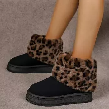 Модные новые зимние сапоги с леопардовым принтом, женские нескользящие короткие сапоги на толстой подошве, женские зимние теплые удобные плюшевые ботильоны 36 чёрный