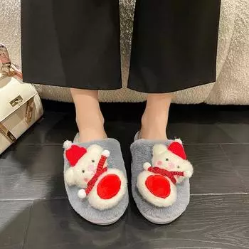 модные новые зимние женские домашние однотонные тапочки из хлопка с рождественским медведем 36-37 чёрный