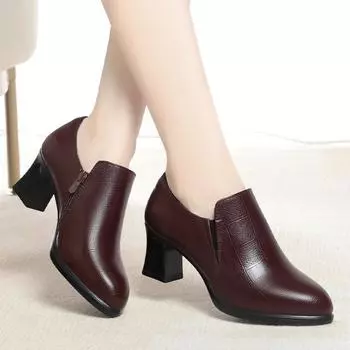 модные новые зимние женские сапоги на высоком каблуке, нескользящие, удобные, до щиколотки, осенние, универсальные, модные, мягкие, кожаные, неглубокие сапоги для ежедневного ношения мамой 35(Foot22.5cm)