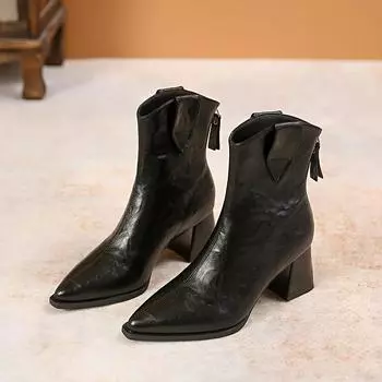 Модные новые зимние женские сапоги с острым носком на среднем каблуке для женщин, ботильоны на платформе с застежкой-молнией, современные сапоги для улицы, модная повседневная обувь 34 коричневый