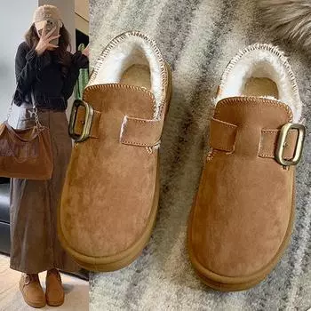 Модные новые зимние женские туфли Boken Shoes Plush Fashion Retro Bean Shoes Хлопковые женские тапочки на плоской подошве Женские ботинки на толстой подошве 35 верблюд