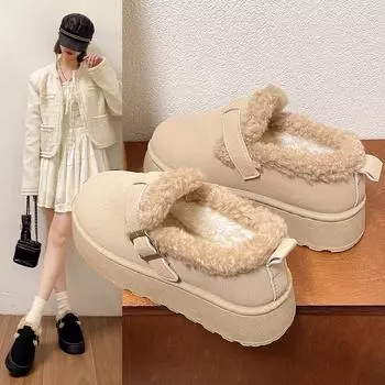 Модные новые зимние женские туфли, плюшевые модные ретро-туфли, хлопковые женские тапочки на плоской подошве, женские ботинки на толстой подошве 36 бежевый