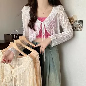 Модные облегающие элегантные кружевные рубашки женские летние тонкие с длинным рукавом солнцезащитные повседневные блузки женские винтажные офисные женские укороченные рубашки топы 26127 One size