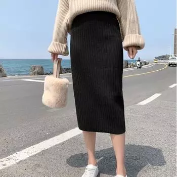 Модные облегающие элегантные повседневные трикотажные юбки для женщин, осенне-зимняя женская юбка с высокой талией, однотонная юбка H-силуэта средней длины с разрезом, длинная юбка 26042 One Size чёрный