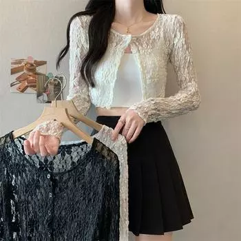 Модные облегающие элегантные женские кружевные блузки, винтажные круглые рубашки с длинным рукавом Nedk, солнцезащитные рубашки для женщин, однотонные милые шикарные укороченные топы, женская одежда 26126 One size белый