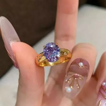 Модные очаровательные серебряные золотые кольца для женщин, свадебное фиолетовое блестящее овальное цирконовое кольцо с аметистом, роскошное кольцо, изящные ювелирные подарки resizable фиолетовый