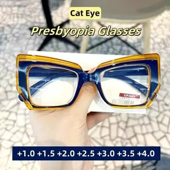 Модные очки для пресбиопии в большой оправе «кошачий глаз» с линзами сверхвысокой четкости, блокирующими синий свет, для защиты глаз +200 синий