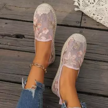 Модные одинарные туфли для женщин 2024 года, лето, новый стиль, кружевная сетка, полые женские туфли на плоской подошве, удобные повседневные туфли на плоской подошве 36 розовый