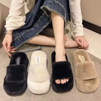 Модные однословные толстые меховые тапочки, двойные меховые тапочки, повседневная домашняя хлопковая обувь для женщин, плюшевые тапочки на плоской подошве с перекрестными ремешками 35 бежевый