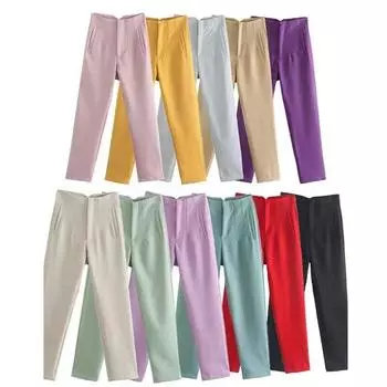 Модные однотонные брюки с высокой талией и карманами, винтажные женские плиссированные прямые брюки, осенние офисные элегантные брюки 30060 S золотой