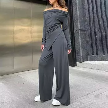 Модные однотонные длинные брюки, комплекты для женщин, весна 2025, нестандартные рубашки с открытыми плечами, топы, эластичная резинка на талии, широкие брюки, комплект из 2 предметов S серый