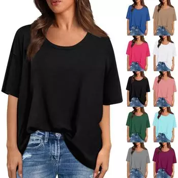 Модные однотонные футболки для женщин, летние топы с короткими рукавами, свободные блузки с круглым вырезом, топы L чёрный